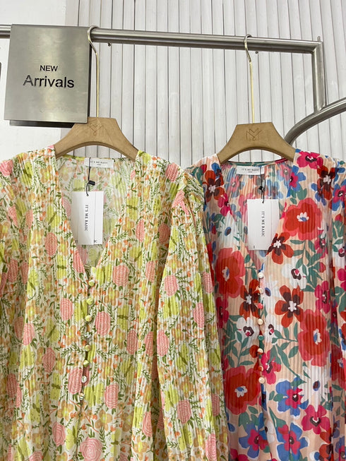 Spring Floral Print Pleated Chiffon Shirts